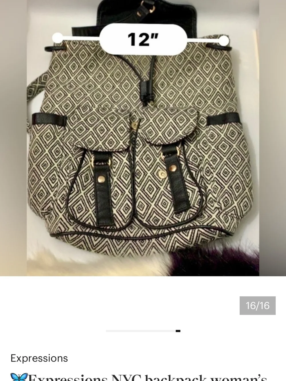 Expressions BrandBlack & Cream Geometric Drawstring Backpack  Faux-Leather Trim